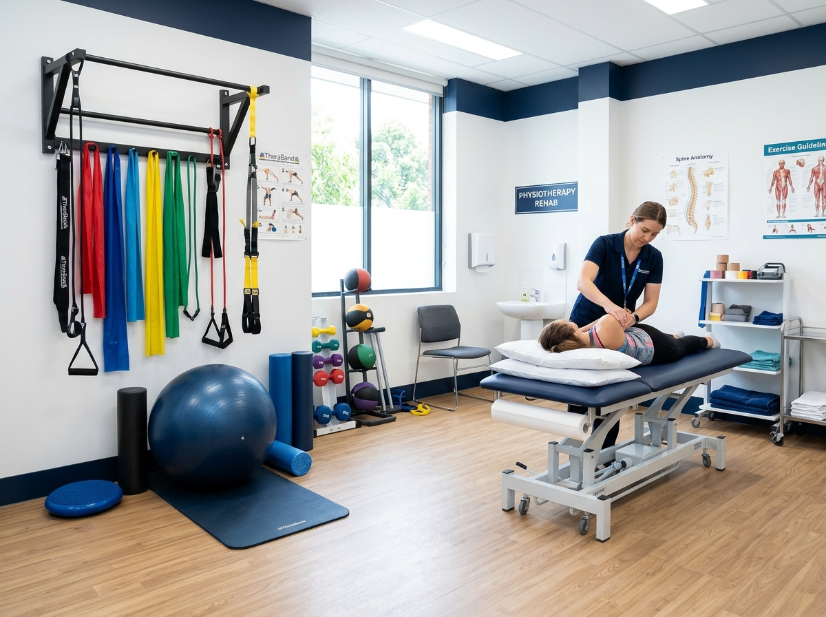 Clean physiotherapy exercise room with therapy bed and exercise gear